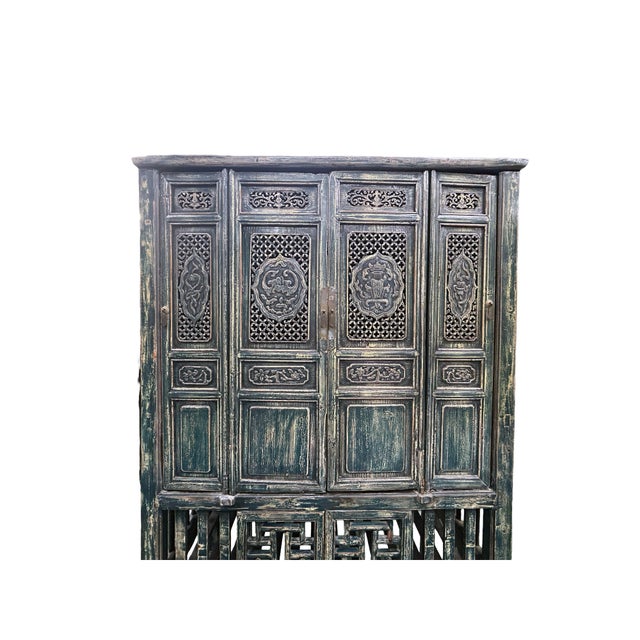 Vintage Distressed Teal Blue Oriental Carving Storage Cabinet For Sale - Image 4 of 12