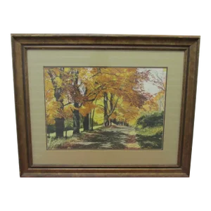 Original 1975 Tasia Landscape Watercolor Painting, "Shady Lane", Framed
