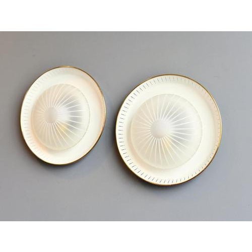 Mid Century Striped Glass Wall Lights Circa 1950s - Large painted steel shade with brass edging - Cady striped acid etched...