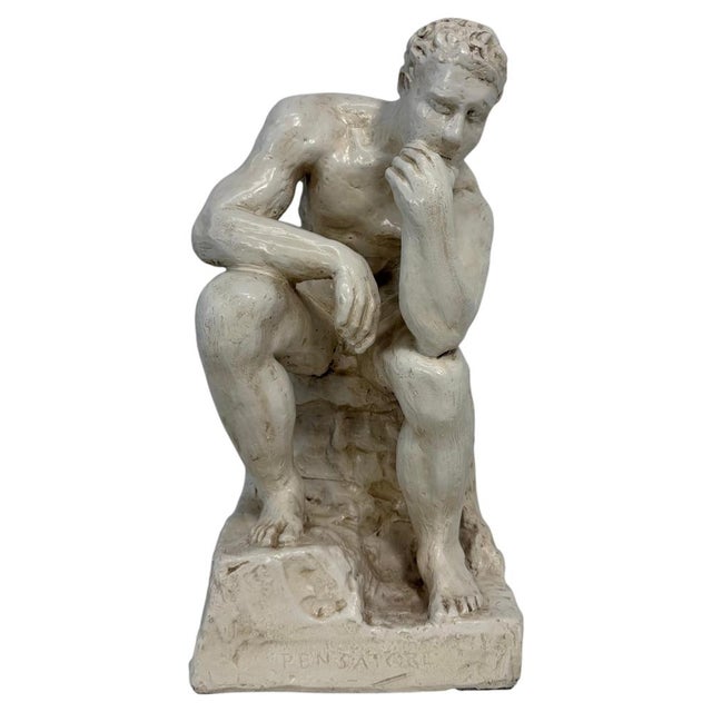 After Auguste Rodin, The Thinker Sculpture, White Glazed Terracotta, 1950s For Sale - Image 11 of 11