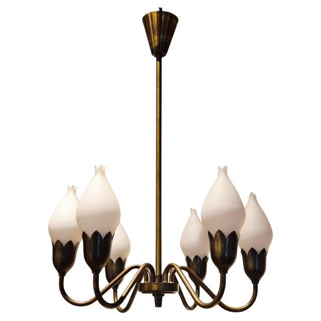 Mid-Century Tulip Chandelier in Brass and Glass attributed to Fog & Mørup, Denmark, 1960s For Sale - Image 9 of 9