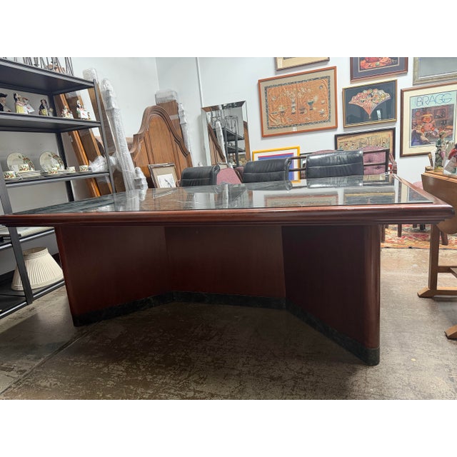 Wood Mid 20th Century Verde Marble Encased Mahogany Wood Conference Table For Sale - Image 7 of 8