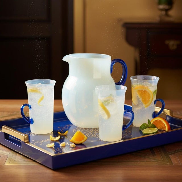 Blue Antique 1920s Fry Foval Cobalt Blue Art Deco Opalescent Lemonade Set-5 Pieces For Sale - Image 8 of 9