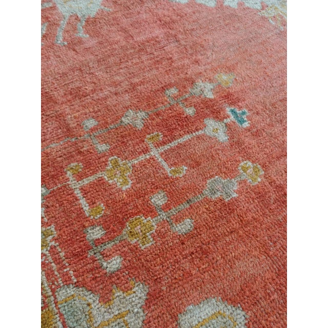 Antique Oushak Carpet, Oriental Rug, Handmade Rug Saffron, Light Blue and Coral For Sale - Image 4 of 18