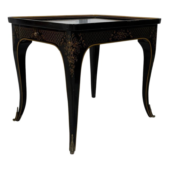 Drexel Et Cetera Chinoiserie Black Lacquer One Drawer Side Drink Table For Sale