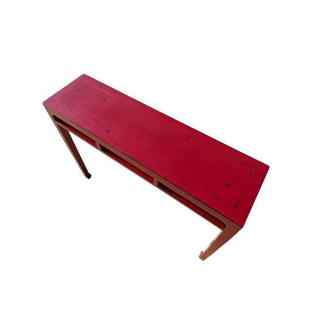 Late 19th Century Solid Elm Red Lacquer Console Table For Sale - Image 4 of 6