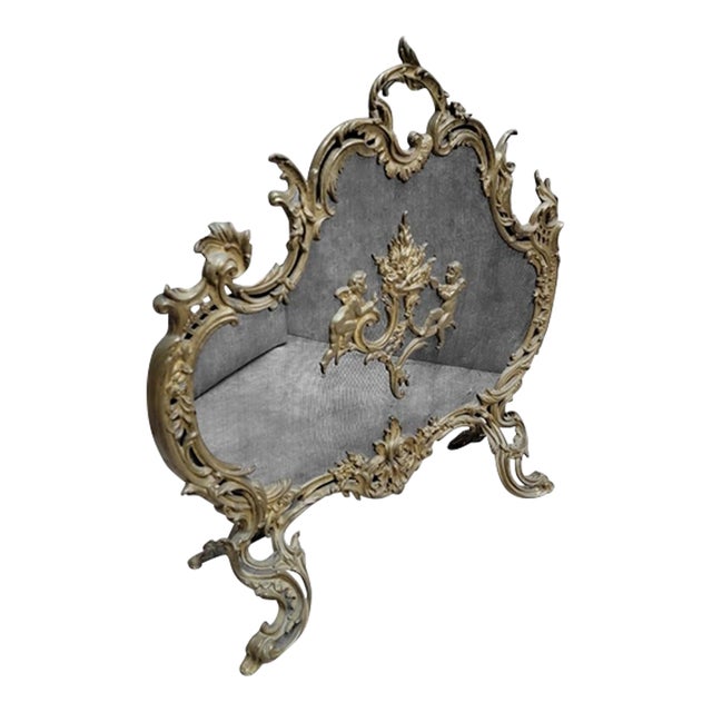 Antique Louis Style French Brass Cherub and Floral Free Standing Fire Screen For Sale