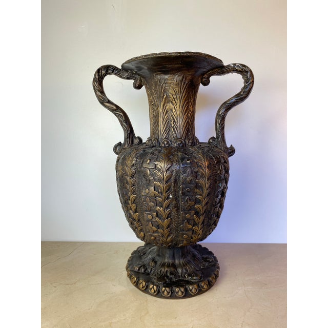 Baroque Large Italian Baroque-Style Bronze/Brass Urn With Serpent Handles For Sale - Image 3 of 10
