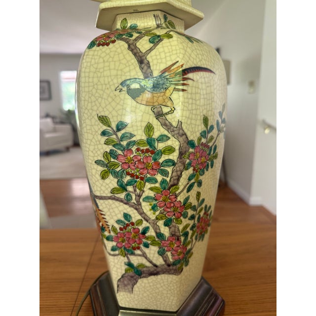 Mid-Century Modern Mid 20th Century Paul Hanson Chinoiserie Crackle Glaze Ceramic Table Lamp | Birds & Blossoms | Vintage For Sale - Image 3 of 12