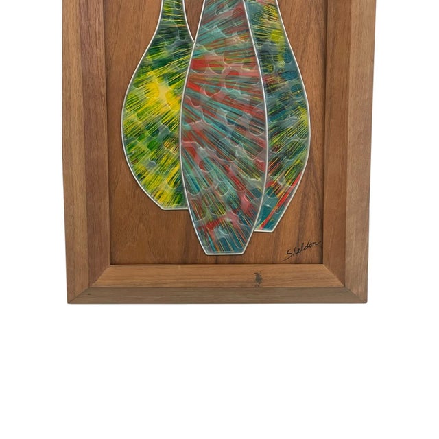 Vintage Mid-Century Modern Abstract Mixed Media Wall Art by Sheldon in Walnut Toned Frame. For Sale In Seattle - Image 6 of 10
