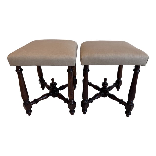 Pair of Antique 19th Century English Upholstered Foot Stools For Sale