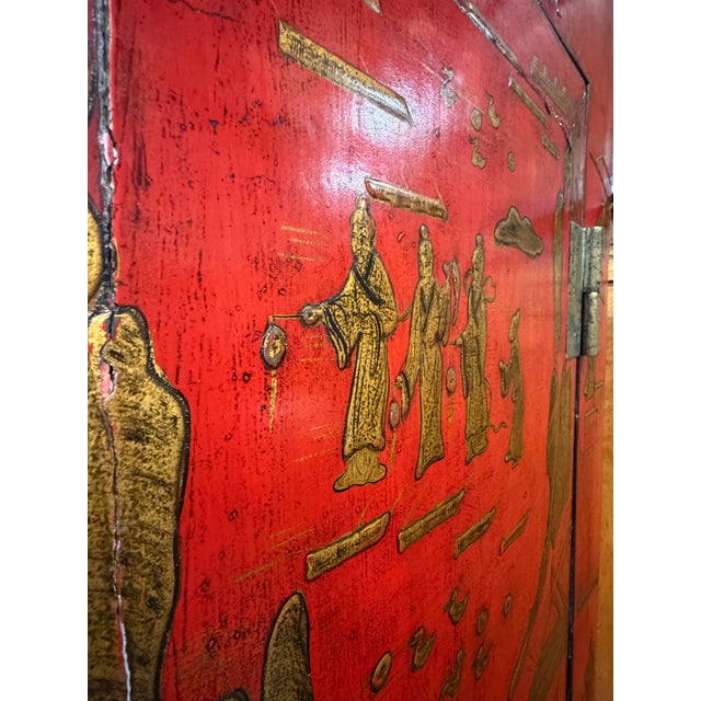 Pair Antique Red Chinoiserie Wedding Cabinets Armoires For Sale In Philadelphia - Image 6 of 10