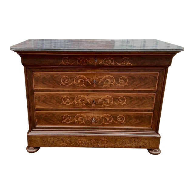 19th Century French Flame Mahogany & Inlay Commode For Sale