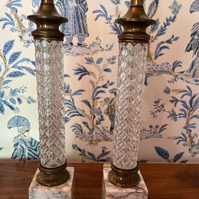 1950s Vintage Neoclassical, Cut Crystal and Marble Column Lamps a Pair For Sale - Image 5 of 11