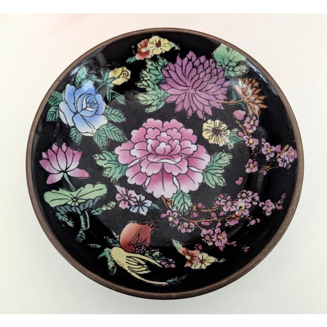 A Mid Century Chinoiserie Ceramic and Brass Shallow Bowl with a Lotus Flower and Cherry Blossom Floral Motif with Paint...