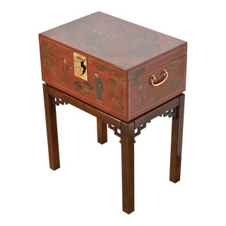 Drexel Heritage Hollywood Regency Chinoiserie Hand-Painted Red Lacquered Chest on Stand For Sale