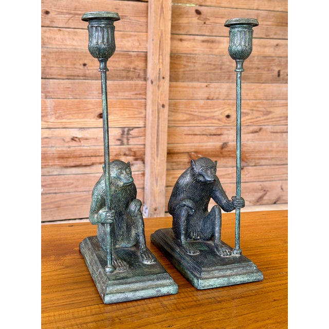 Verdigris Pair of Maitland-Smith Sculptural Figurative Verdigris Patina Monkey Candlesticks For Sale - Image 8 of 12