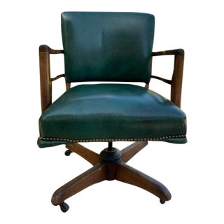 Vintage Leather and Wood Rolling Office Chair For Sale