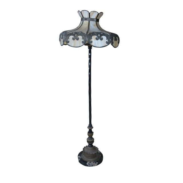 Gothic Antique Wrought Iron Marble Slag Glass Tiffany Style Floor Lamp For Sale - Image 3 of 12
