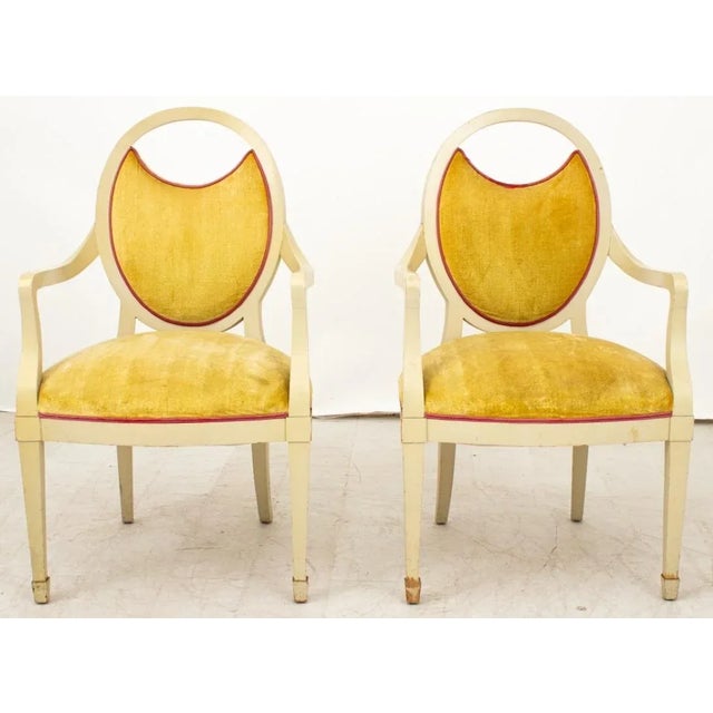 Pair of Jamie Drake Lacquered Transitional Style Armchairs, custom made, with oval seat back, pale yellow painted frame,...