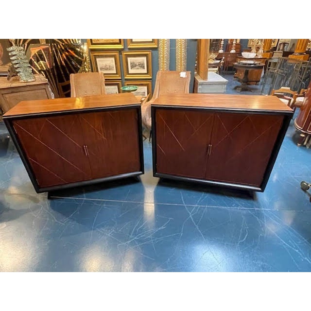 Pair of French MCM Brass Inlaid Mahogany and Ebony Side Cabinets For Sale In Dallas - Image 6 of 7