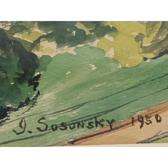 Mid-Century Modern 1950 Mid-Century Modernist Rural Landscape Watercolor, Signed & Framed For Sale - Image 3 of 11