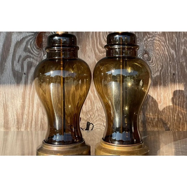 Vintage Boho Smoked Glass Ginger Jar Lamps - a Pair For Sale - Image 9 of 13