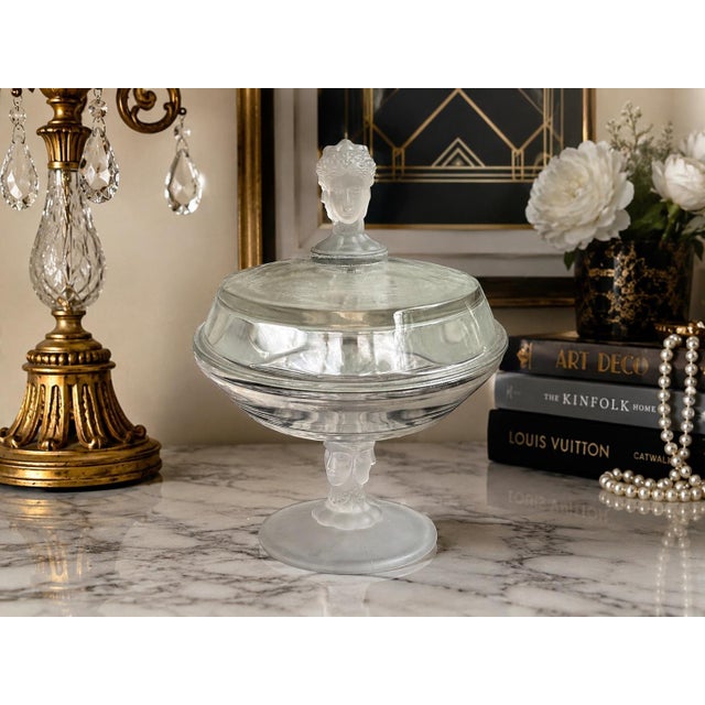 An exceptional vintage Duncan Miller covered compote featuring striking frosted figural faces in an elegant Art Deco-...