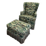 Vintage Wingback and Ottoman in Schumacher Rolling Hills Fabric For Sale