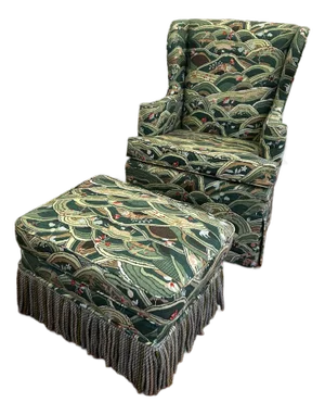 Vintage Wingback and Ottoman Newly Upholstered in Schumacher Rolling Hills Fabric