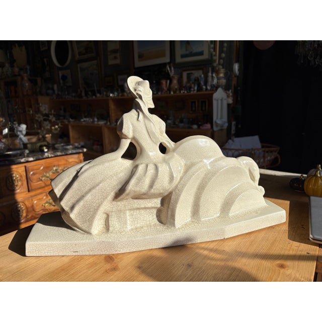 Lejan, Large Art Deco Sculpture of Lady with Greyhound, 1930s, Craquele Earthenware For Sale - Image 15 of 18