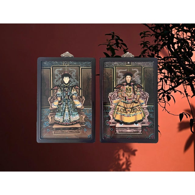 Wood Reverse Painted Chinese Qianlong Emperor & Empress (Nobles) Rosewood Framed Ancestor Paintings - A Pair For Sale - Image 7 of 13