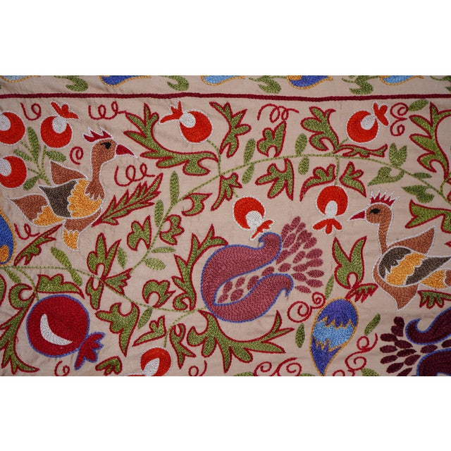 Floral Suzani Embroidery - Silk Cotton Blend Bird Table Runner Tapestry 1'8'' X 6'3'' For Sale - Image 10 of 12