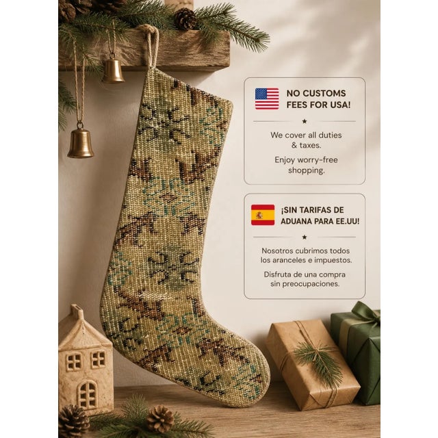 American Vintage Kilim Christmas Stocking, Sage Green Handwoven Wool Boho Xmas Decor, One of a Kind Turkish Rug Stocking, Rustic Holiday Gift For Sale - Image 3 of 7