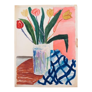 1950 Swedish Folk Art Floral Tulips Still Life Original Watercolor Painting in Pink & Blue For Sale