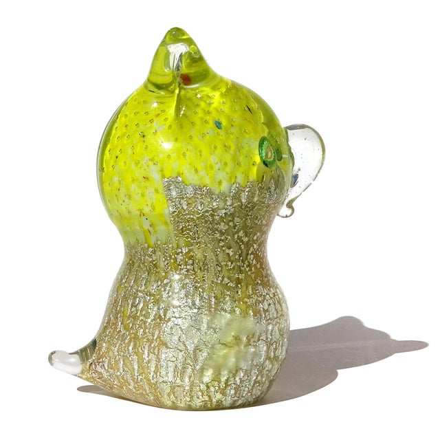 Glass Vintage Murano Owl Yellow Silver Flecks Green Eyes Murrines Italian Art Glass Paperweight Figurine Sculpture For Sale - Image 7 of 9