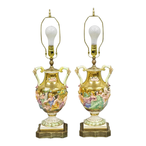 Antique Capodimonte Figural Porcelain Twin Handle Urn Gold Vase Table Lamps Pair