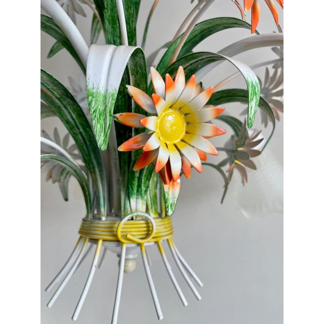 Vintage European Floral Tole Chandelier with Frosted Glass Tulip Shades, 1970s For Sale - Image 4 of 13