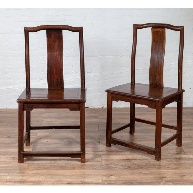 Wood Early 20th Century Chinese Elmwood Dark Patina Scholar's Ceremonial Side Chairs - Set of 4 For Sale - Image 7 of 13