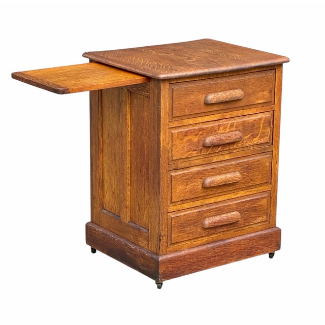 Wood Antique Victorian Oak Four Drawer Oak Wood File Cabinet With Pull Out Work Tab For Sale - Image 7 of 12