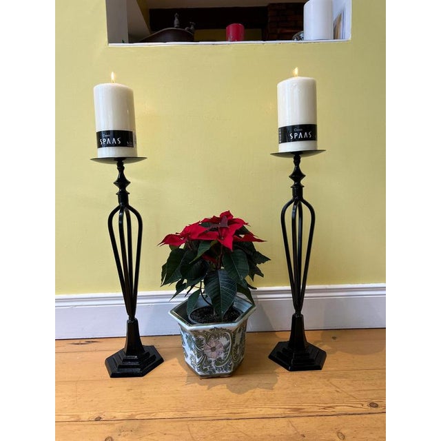Black Large Cast Iron Candleholders, Set of 2 For Sale - Image 8 of 9