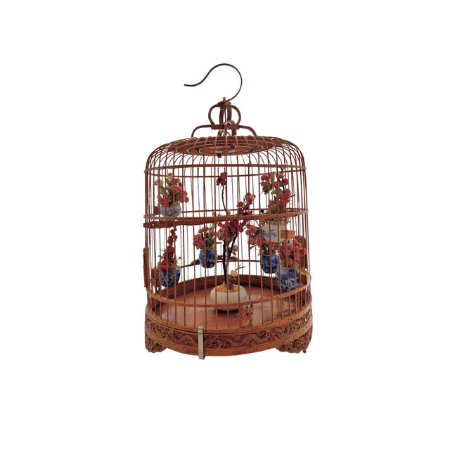 Asian Late 20th Century Bird Cage Bamboo Wood With Miniature Faux Floral Asian Style Vintage Oriental Decor For Sale - Image 3 of 8