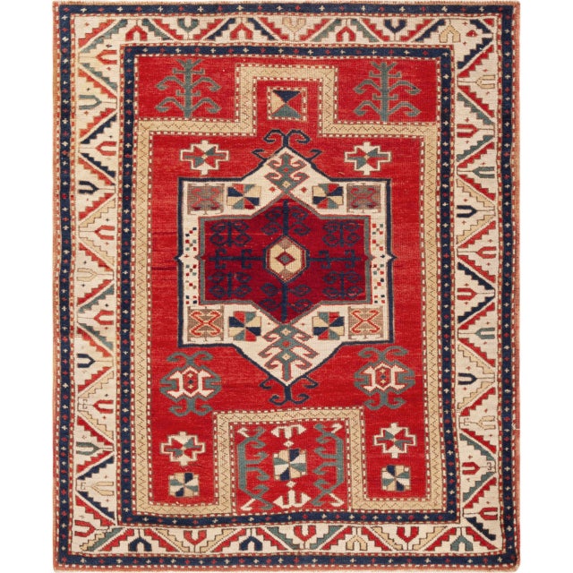 Bold Red Geometric Antique Caucasian Kazak Rug, Country of Origin: Caucasus, Circa Date: 1900