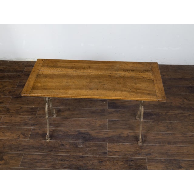 French 1900s Steel and Wood Console Table with Curving X-Form Legs and Stretcher For Sale - Image 12 of 12