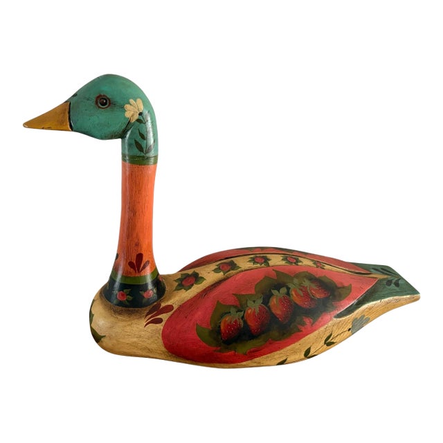 Vintage Folk Art Hand Painted Wooden Duck/ Swan Statue For Sale