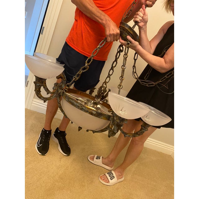 Late 20th Century Neo-Classical Cast Bronze Chandelier With Frosted Crystal Hand-Cut Globes For Sale - Image 11 of 13