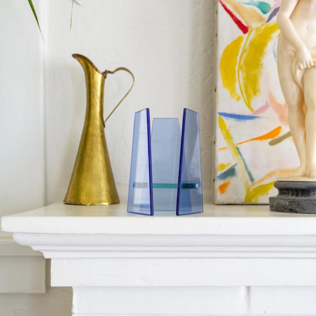 1980s Postmodern Blue Glass Geometric Candle Holder or Sculpture For Sale - Image 5 of 13