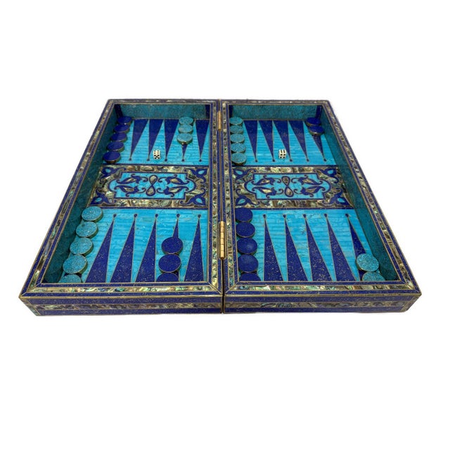Handmade Wooden Backgammon & Chess Board Lapis, Turquoise & Mother of Pearl For Sale - Image 11 of 14