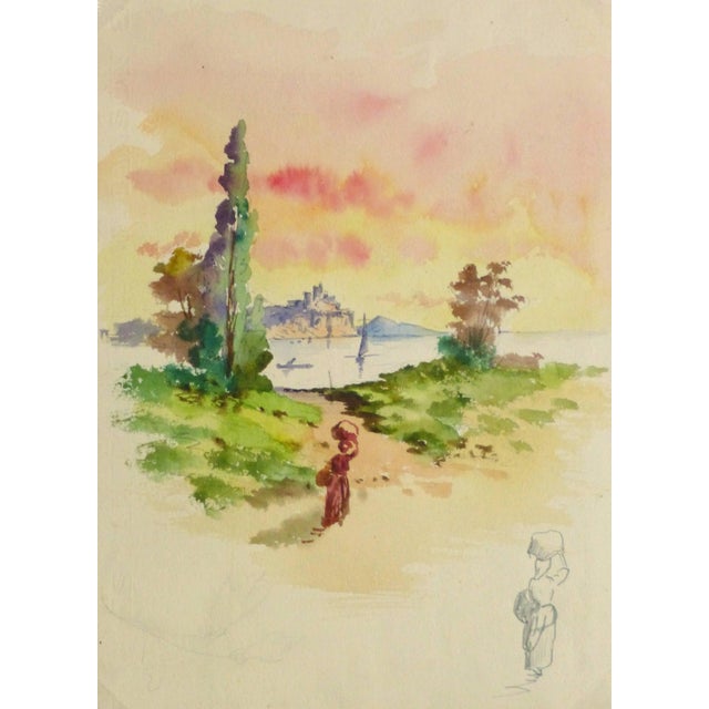 Watercolor Landscape - Evening Stroll For Sale