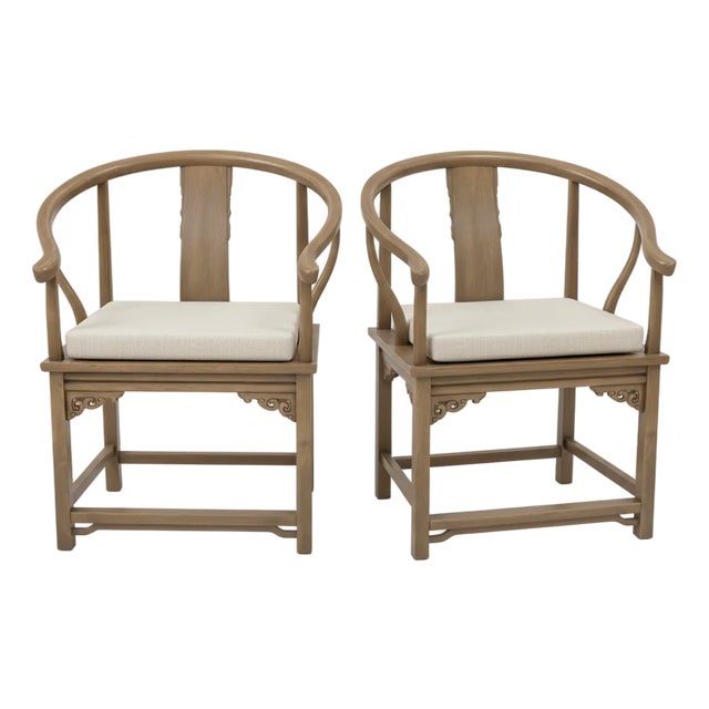 Two Antique 19th Century Chinese Horseshoe Back Chairs With Cushions For Sale